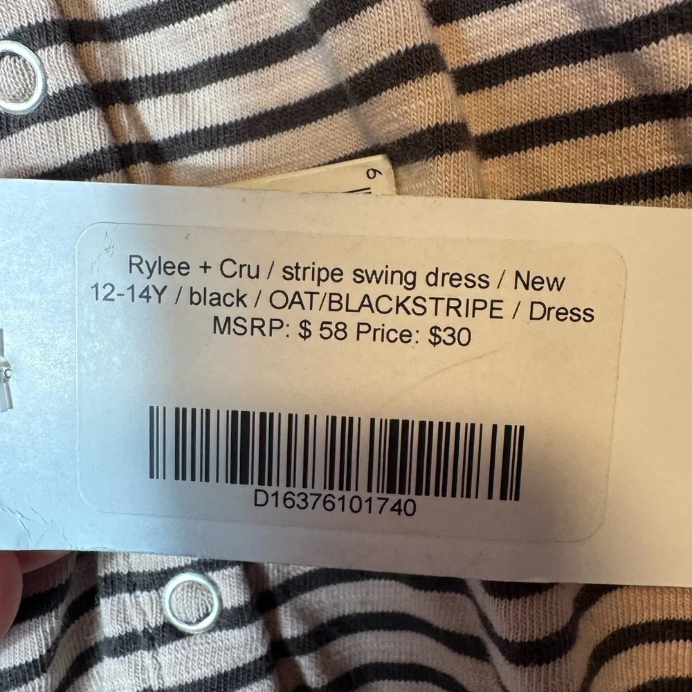 Rylee + Cru Girls NWT Stripe‎ Swing Dress Oat/Black Stripe 12-14Y MSRP $58